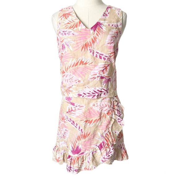 Karlie 100% Linen Top and Skirt Set Tan with Floral Print Size Medium & Large - Picture 1 of 8